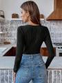 Triangle Onesie Women European and American Fashion With Lace Edge Deep V-neck Long Sleeve Slim Mid-length Base T-shirt. 