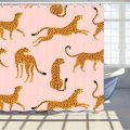 leopard fabric shower curtain, tropical animal cheetah shower curtain for bathroom, pink with hook 180X180CM. 