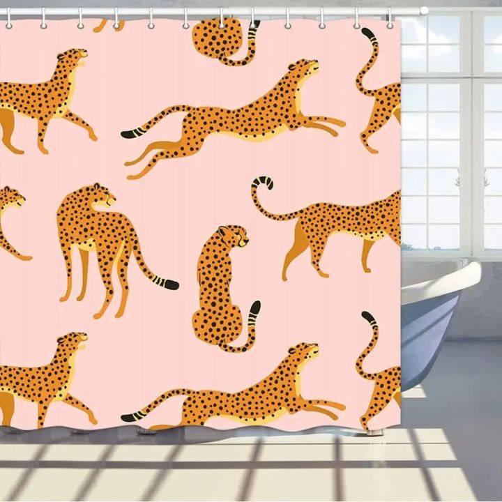 leopard%20fabric%20shower%20curtain,%20tropical%20animal%20cheetah%20shower%20curtain%20for%20bathroom,%20pink%20with%20hook%20180X180CM%20-%20Image%203