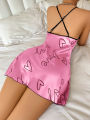 Heart   Letter Print Nightdress  Casual Round Neck Spaghetti Strap Sleep Dress  Women's Sleepwear   Dresses. 
