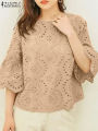 2024 ZANZEA Women Elegant Lace Crochet Blouse Female Summer Tops Holiday Shirt Work OL Tops Stylish 3/4 Sleeve Patchwork Blusas.