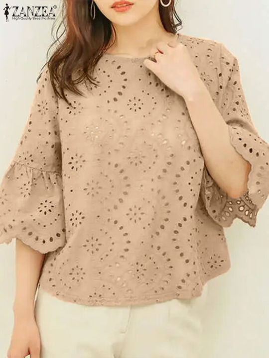 2024%20ZANZEA%20Women%20Elegant%20Lace%20Crochet%20Blouse%20Female%20Summer%20Tops%20Holiday%20Shirt%20Work%20OL%20Tops%20Stylish%203/4%20Sleeve%20Patchwork%20Blusas%20-%20Image%203