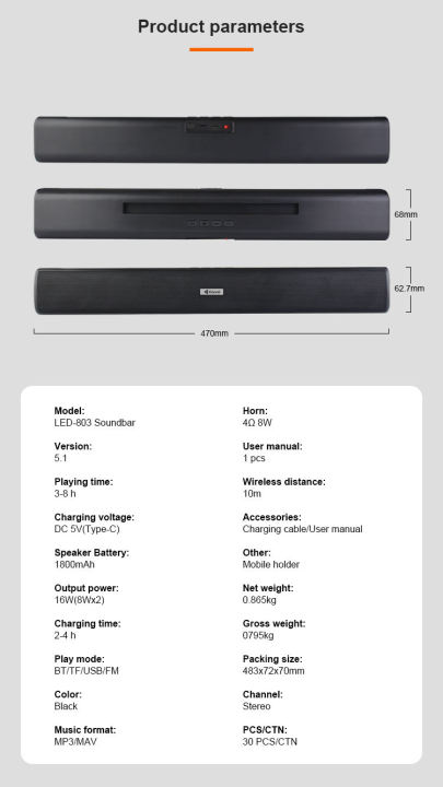 KISONLI%20LED-803%20WIRELESS%20BT%2016W%20PORTABLE%20SOUNDBAR%20SPEAKERS%20Kisonli%20LED-803%20Wireless%20Bluetooth%2016W%20Portable%20Soundbar%20Speaker%20with%20Powerful%20Stereo%20Sound,%20USB%20Playback,%20AUX%20Input%20and%20LED%20Indicator%20Light%20-%20Image%207