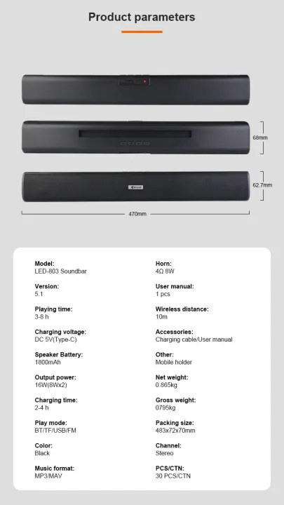 KISONLI%20LED-803%20WIRELESS%20BT%2016W%20PORTABLE%20SOUNDBAR%20SPEAKERS%20Kisonli%20LED-803%20Wireless%20Bluetooth%2016W%20Portable%20Soundbar%20Speaker%20with%20Powerful%20Stereo%20Sound,%20USB%20Playback,%20AUX%20Input%20and%20LED%20Indicator%20Light%20-%20Image%207