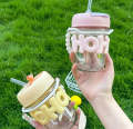 Imported 350ml Cute Girl Transparent Glass Heat Resistant Tumbler With Pearl Chain Sipper Glass Cup Portable Double Drinking Aesthetic Coffee Mug With Straw Gift For College Girls Teen hoho Mugs for Gift. 