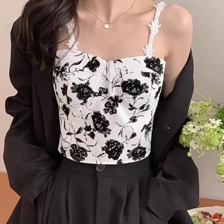 ITOOLIN Women Sweet Elastic Camis Underwear Padded Bra Spaghetti Cute Crop Tops Print Tank Tops For Women Summer 2023