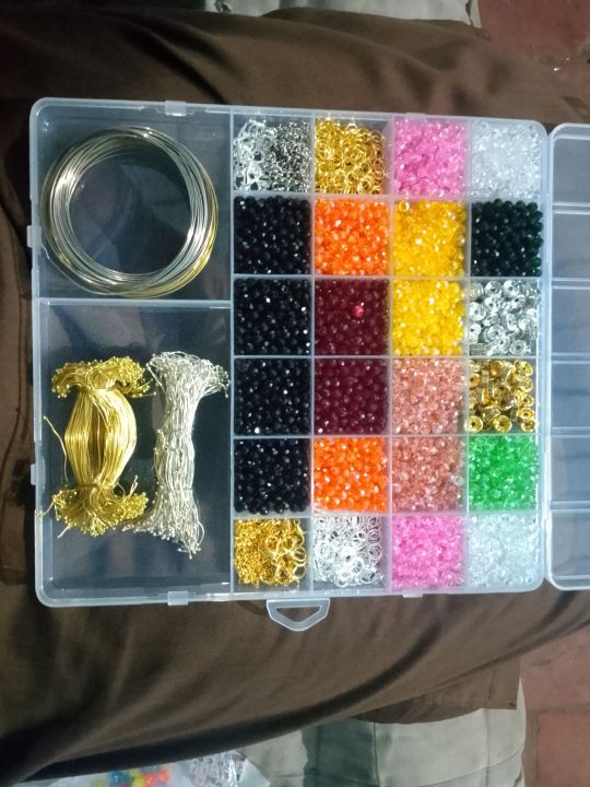 Complete DIY Bracelet Gajra & Jewellery Making Kit for Girls – 4mm Crystal Beads, 10 loops Memory Wire, 500 Golden Beading Wire, Jump Rings & Lobster Clasps (Big Box Set)