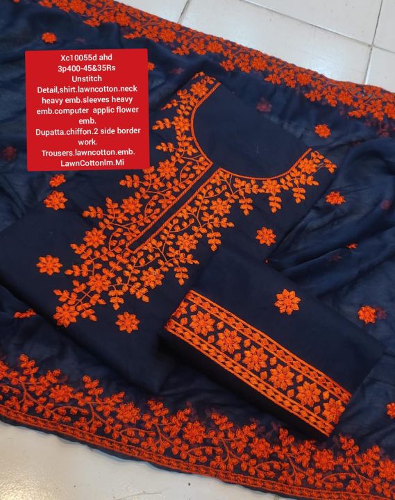 S Shirt.lawncotton.neck heavy emb.sleeves heavy emb.computer  applic flower emb.
Dupatta.chiffon.2 side border work.
Trousers.lawncotton.emb.
    LawnCottonlm.Mi