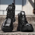 Men's high cut thick soled motorcycle work boots in autumn and winter, black leather shoes, men's mid cut trendy shoes. 