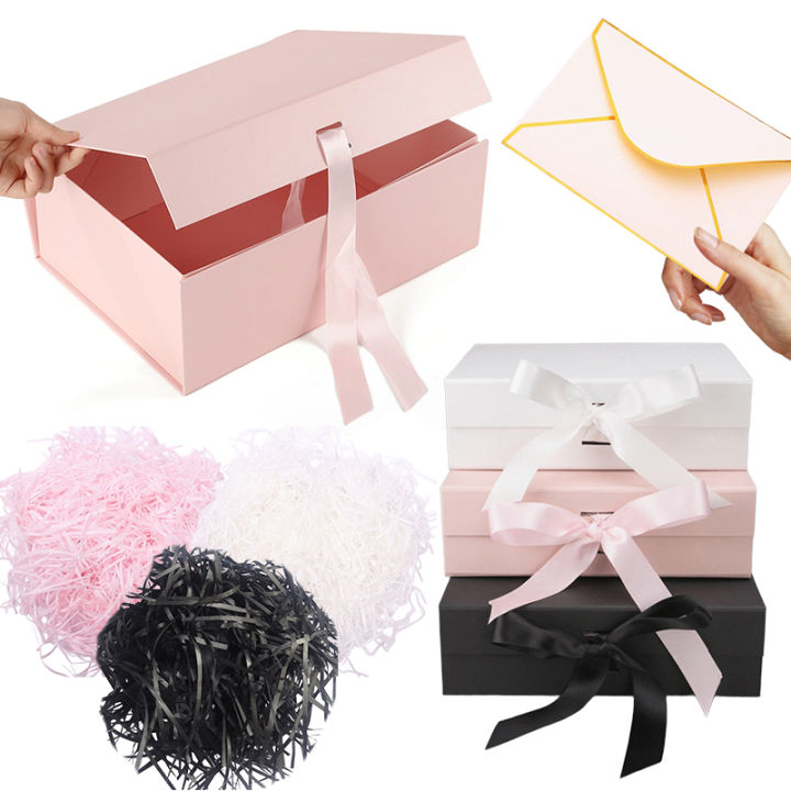 1 Set 23cm Luxury Ribbon  Box with Lafite Grass Bronzing Envelope Greeting Card Storage Party Wedding Souvenir Packaging ZYF