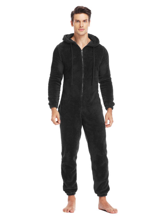 Men's Winter Warm Fluffy Teedy Fleece Pajama Onesie For Men Cozy Soft Warm Plush Fleece Jumpsuit Romper One Piece Hooded Pajama