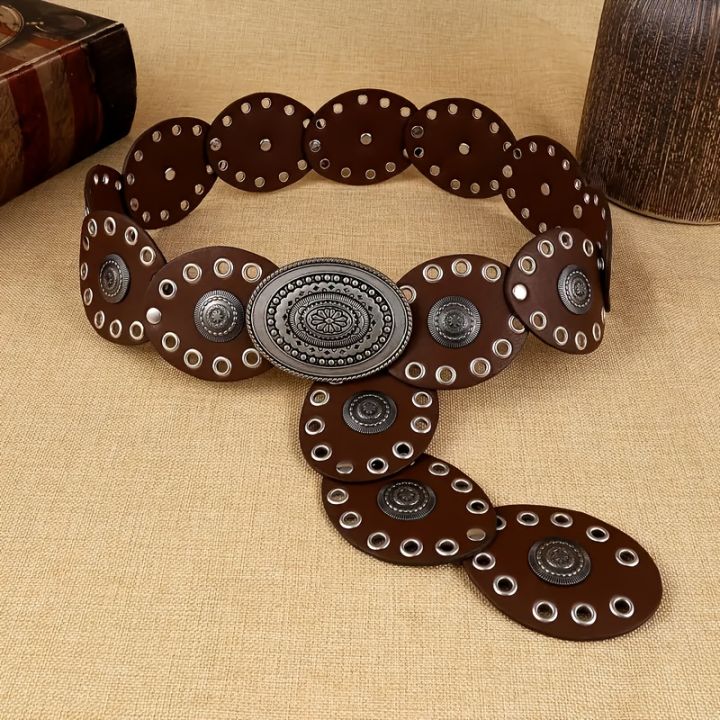 1pc Vintage Style Women'S Faux PU Belt with Oval Rivet Buckle Waistband Vintage Personalized Belts