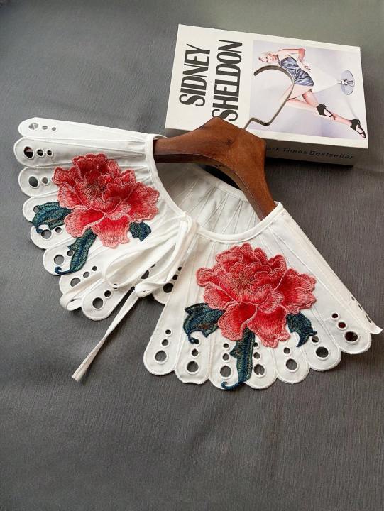 Original Niche Design Spring New Style Flower and Bird Pattern Retro Fabric Fake Collar Women's Embroidered Straps Cut Out Shawl Can Be Matchinged with Shirts T-Shirts and Skirts for Outings to Play Holiday Style