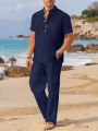 European and American New Men's Casual Suit Solid Color Stand Tie Pocket Polo Shirt+Casual Loose Pants Two-piece Set.