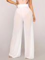 Hot Selling Mesh Wide Leg Pants In Europe And America  Perspective High Waisted Straight Leg Pants Solid Color Loose Pants. 