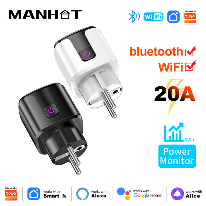 MANHOT WiFi Smart EU 20A Plug Socket WiFi+Bluetooth With Power Monitoring Timer Outlet APP Remote Voice Control  Home