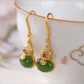 Silver inlaid natural Hetian Jasper Froude gourd Earrings Chinese retro palace style women's Christmas Halloween Gift. 