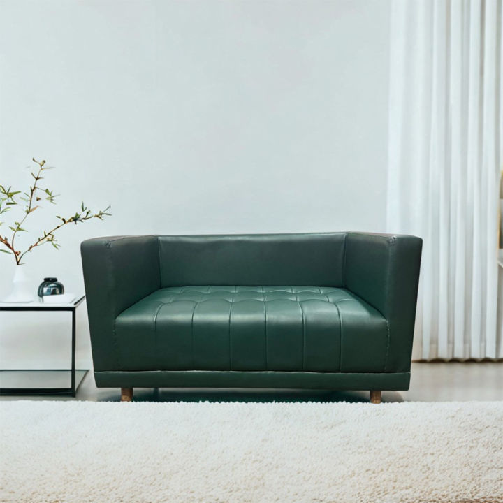 Furnicom Wooden Two Seater Leather Deep Green Sofa for Home & Office