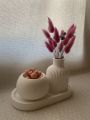 3 piece Home decorative vase combo set a mini ribbed turbine vase and a bottle neck vase with cloud tray artificial flower decorative Home and living room decoration concrete made vase combo set(without flower).