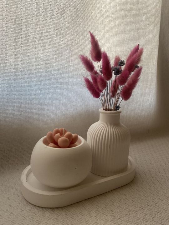 3 piece Home decorative vase combo set a mini ribbed turbine vase and a bottle neck vase with cloud tray artificial flower decorative Home and living room decoration concrete made vase combo set(without flower)