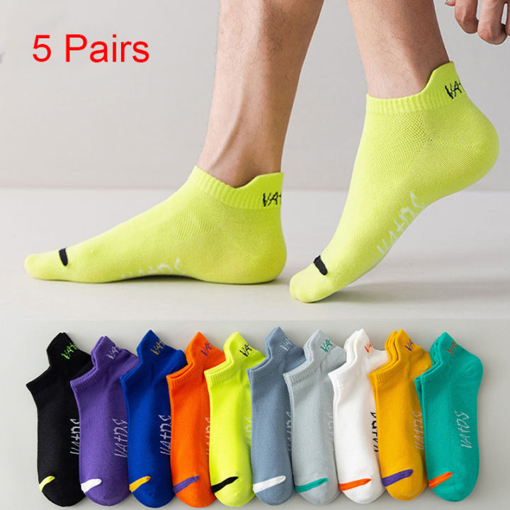 5 Pairs Bright Color Ankle No Show Socks Men Breathable Street Fashion ...