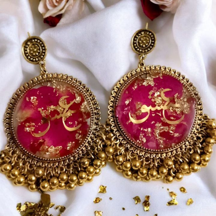 Jhumka, jhumka earrings, Jhumky,Resin jhumka earrings with rose petals,Resin poetry jhumka, Handmade jhumky,Drop earrings for girls, Customized resin jhumka with calligraphy, Trending jhumka earrings,Resin jewelry, Handmade jewelry