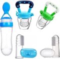 (pack of 5)Gift Combo Pack for Little Champ Spoon Feeding Bottle for cerels and Pulse Soup Pacifier for Fruit Feeder Silicon fingerbrush for Healty Teething. 