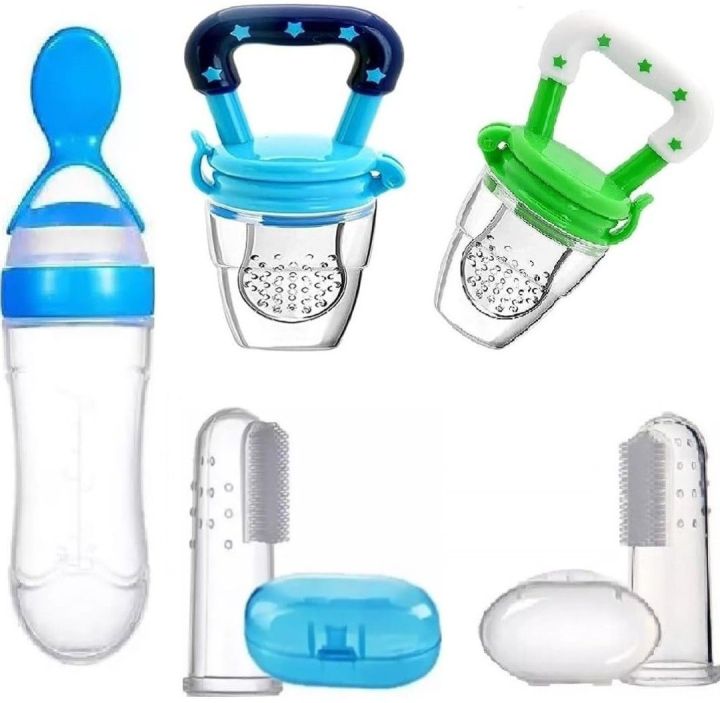 (pack of 5)Gift Combo Pack for Little Champ Spoon Feeding Bottle for cerels and Pulse Soup Pacifier for Fruit Feeder Silicon fingerbrush for Healty Teething