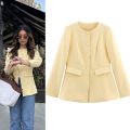 ETJ 2025  women's new elegant fashion retro round neck cut waist slit long-sleeved casual suit jacket. 