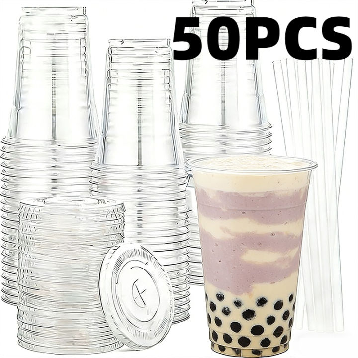 50PCS Disposable Transparent Cups Plastic Cups Lids Transparent Party Weddings Holidays Coffee Milkshakes Cold Drinks