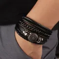 4Pcs/ Set Braided Wrap Leather Bracelets for Men Vintage Life Tree Rudder Charm Wood Beads Ethnic Tribal Wristband Rope Bracelet. 