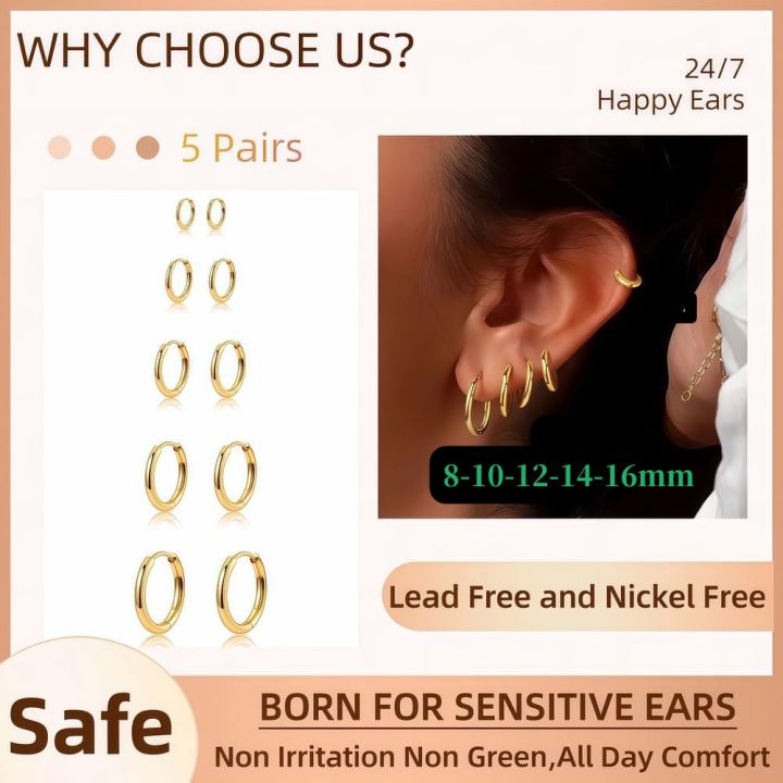 5%20Pairs%2014K%20Gold%20Plated%20Huggie%20Hoop%20Earrings%20for%20Women%20Men%20%20Small%20Hoops,%20%20Everyday%20Jewelry%20Multiple%20Piercing%20Stack%20Set%20-%20Image%202