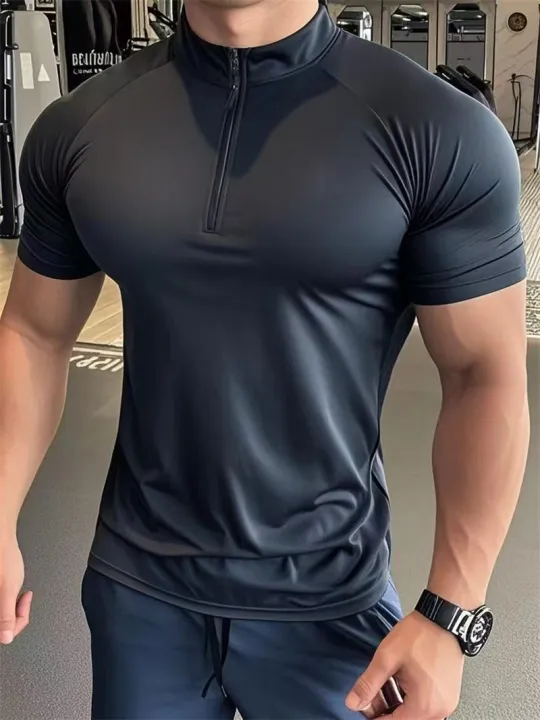 NEW%20Men's%20sports%20T-shirt%20Quick%20Dry%20Compression%20Running%20t%20Shirt%20Men%20Fitness%20short%20sleeve%20Shirt%20%20Zippered%20round%20neck%20Tights%20Tops%20-%20Image%202