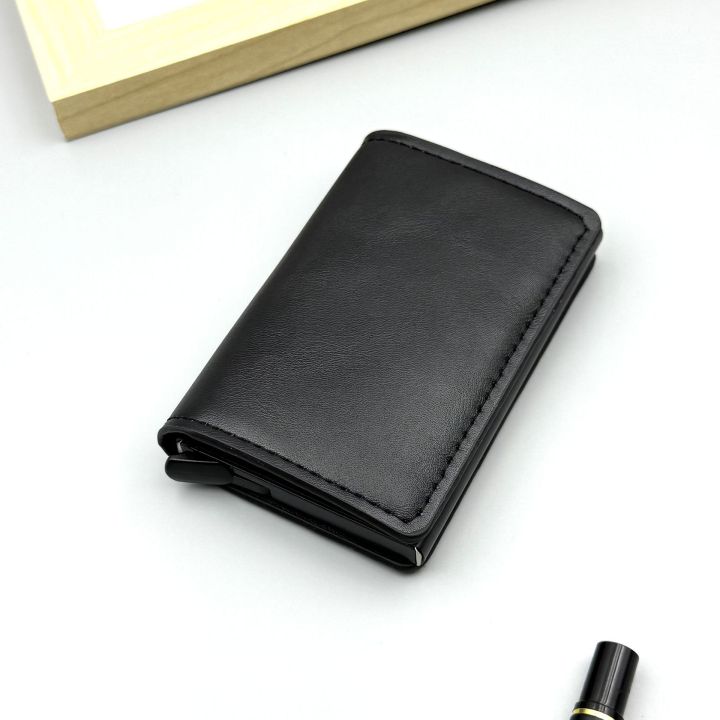 Ultra Slim RFID Card Holder - Unbuttoned Black | Minimalist Auto Pop-up PU Leather Wallet for Unisex | Secure Cash & Cards