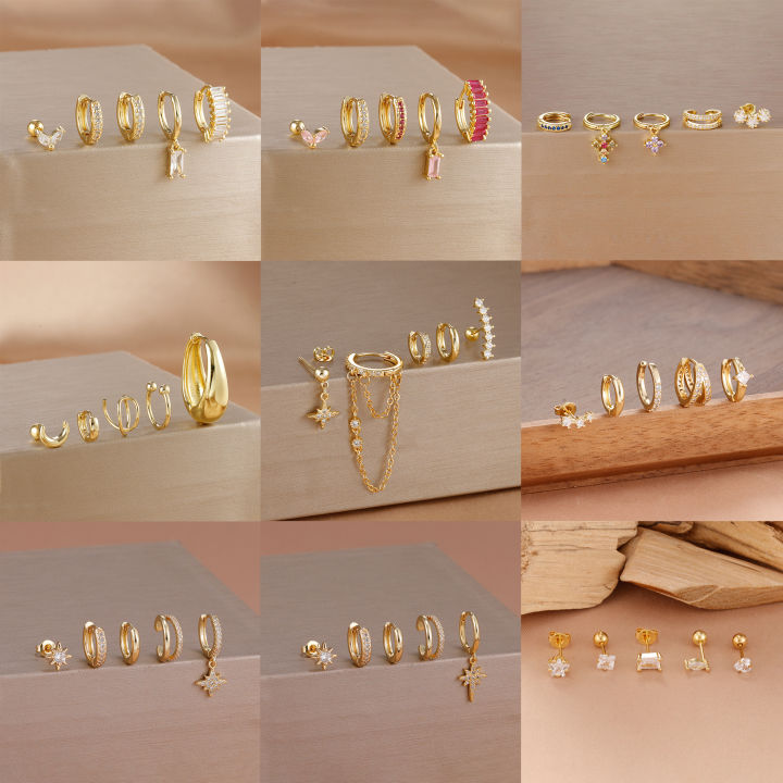 5PCS Stainless Steel Geometry Huggie Hoop Earrings Set For Women Daily Wear Gold Color Zircon Earring Piercing Jewelry Gift