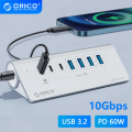 ORICO USB 3.2 HUB 10Gbps Type C Expander PD60W Charging Hub 7-port Splitter for PC laptop with EU Power Adapter Docking Station. 