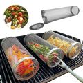 Round BBQ Basket Stainless Steel Rolling Grilling Basket Wire Mesh Cylinder Grill Basket Portable Outdoor Camping Barbecue Rack. 
