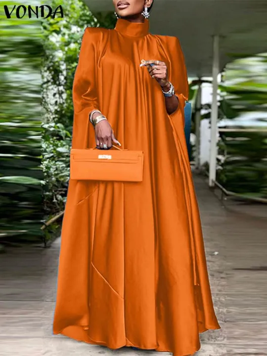Plus%20Size%205XL%20VONDA%20Women%20Stand%20Collar%20Elegant%20Satin%20Dress%20Long%20Bat%20Sleeve%20Evening%20Pleated%20Maxi%20Sundress%20Casual%20Solid%20Party%20Robe%20-%20Image%203