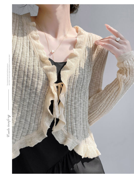 Ruffled%20Trim%20Tie%20Front%20Long%20Sleeve%20Crop%20Top%20Women%20Ribbed%20Knit%20Cardigan%20Sweater%20Shrug%20Top%20Summer%20Teen-girl%20Fairycore%20Outfit%20-%20Image%205