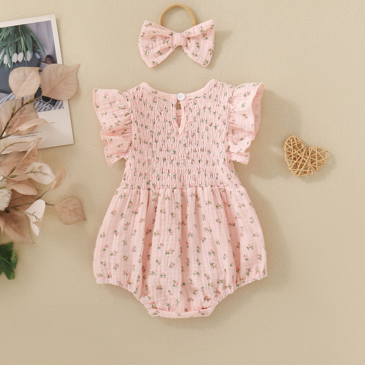 Summer%20female%20infant%20pink%20short-sleeved%20flower%20and%20plant%20print%20triangular%20Romper%20and%20bow%20headscarf%20two-piece%20set%20-%20Image%202