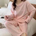 Winter Flannel Two-piece Loose Casual New O-neck Striped Coral Fleece Top Elastic Waist Pants sets Women's Pajamas Set Sleepwear.