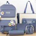 Autumn New Canvas Backpack Women's Korean Version Large Capacity Five-Piece Set Middle School Student Backpack College Student S.