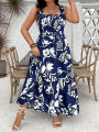 Plus Size 2025 Summer New Holiday Floral Halter Dress with Ruffle Hem and Gathered Bust Plus Size Dress Polyester. 