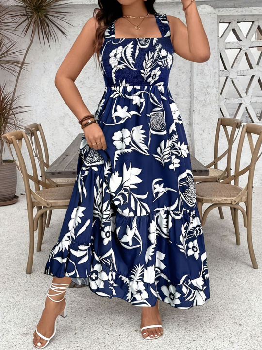 Plus%20Size%202025%20Summer%20New%20Holiday%20Floral%20Halter%20Dress%20with%20Ruffle%20Hem%20and%20Gathered%20Bust%20Plus%20Size%20Dress%20Polyester%20-%20Image%205