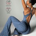 New Leopard Print Bodysuit Women Seamless Flared Pants Jumpsuits  One-piece Fitness Suit Cross Back Stretchy Yoga Jumpsuits. 