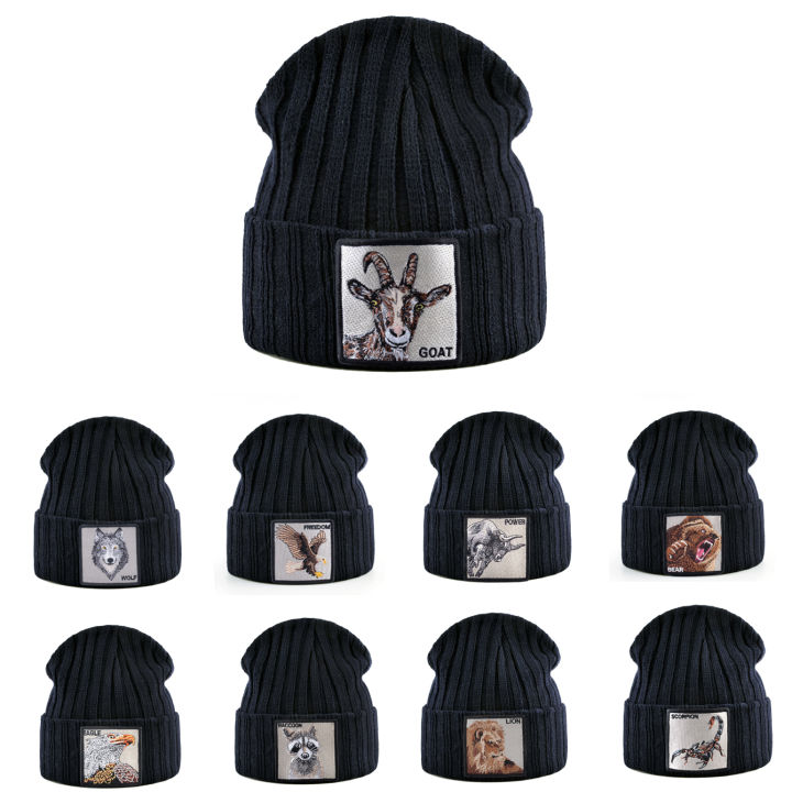 Unisex Black Beanie Hat With Animals Embroidery Patch Knitted Skull Cap For Men Women For Autumn Winter Streetwear Bonnet Hats