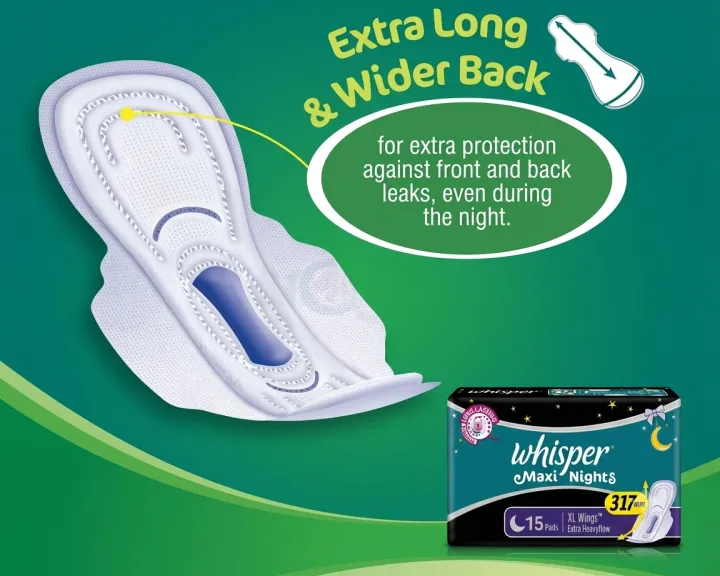 Whisper%20Maxi%20Nights%20Wings%20Sanitary%20Pads%20-%20XL%20317mm%20(15%20Pads)%20-%20Image%202