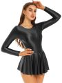 Women's Glossy Long Sleeve Ruffled Leotard Dress Solid Color round Neck for Ballet Swimming Dance Training Sports.