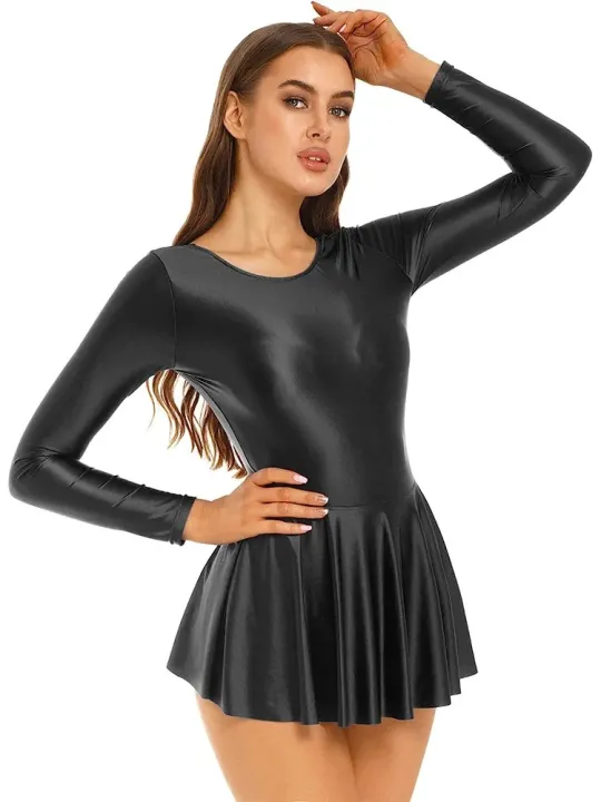Women's%20Glossy%20Long%20Sleeve%20Ruffled%20Leotard%20Dress%20Solid%20Color%20round%20Neck%20for%20Ballet%20Swimming%20Dance%20Training%20Sports%20-%20Image%202