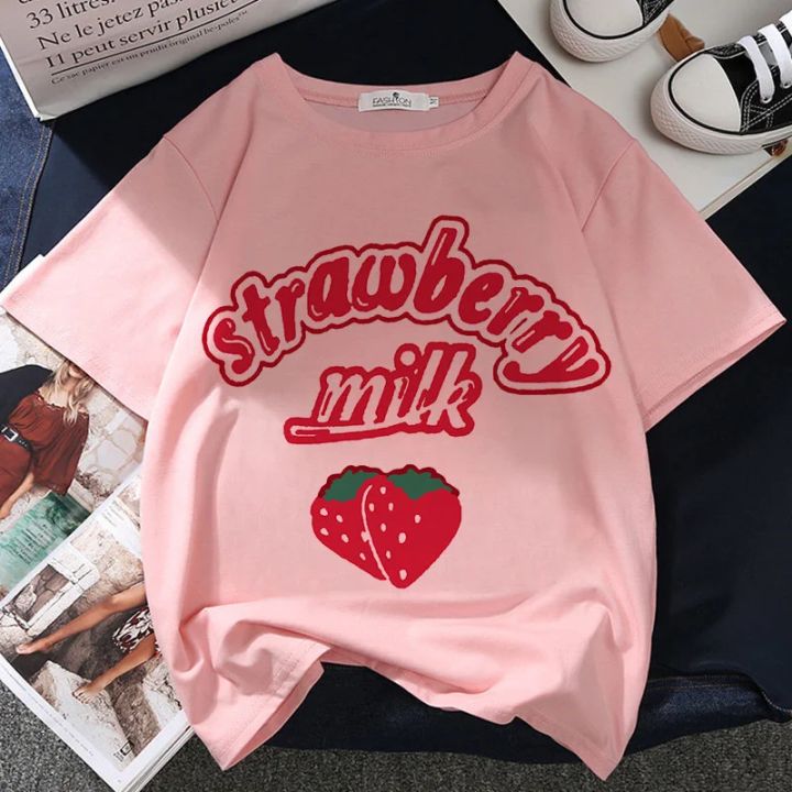 Strawberry Milk Graphic Print T-shirt Women Harajuku Aesthetic Pink Tops Tshirt Tee 2021 New Summer Fashion Y2k Female T